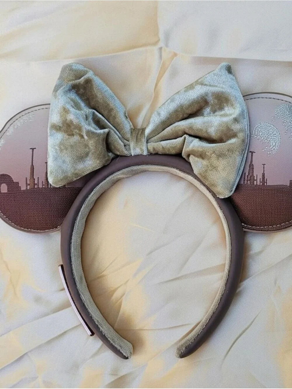 Kids Velvet Bow Mouse Ear Headband in Sage Green